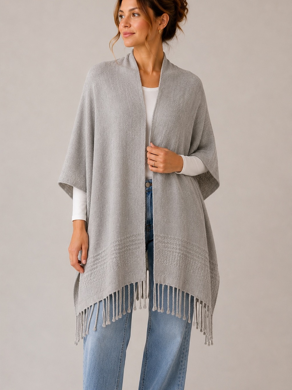 MERSEA Classic Travel Wrap Gray Fringe Poncho Shawl OS $141 Retail